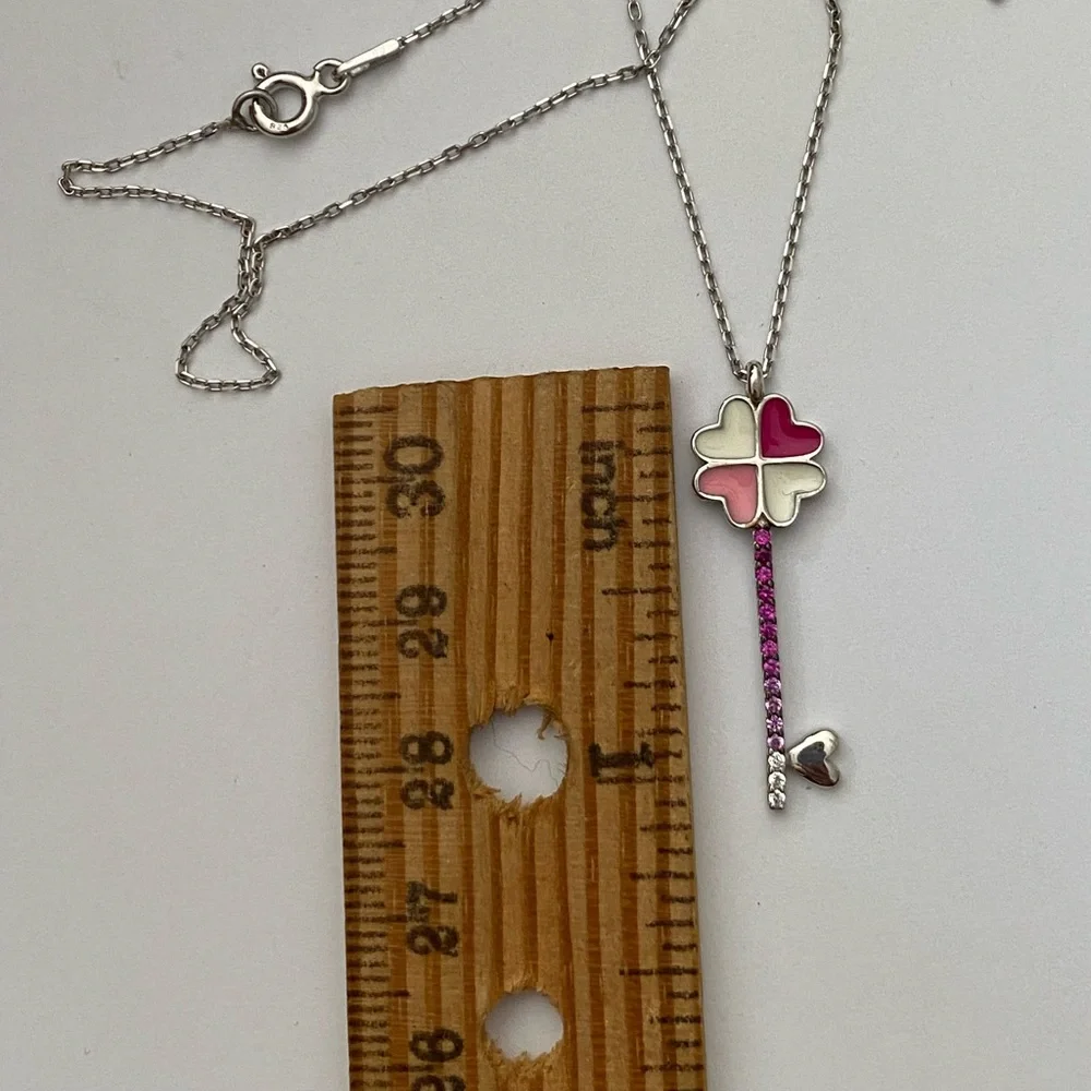 925 Silver pink heart clover key cz necklace